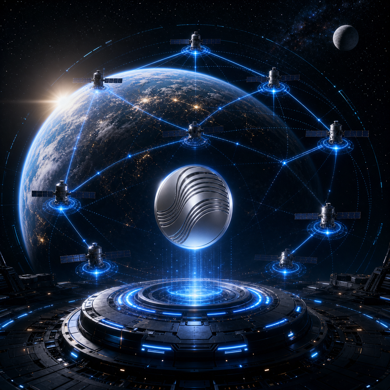 Satellite network around Earth representing Grokvantage multi-chain settlement